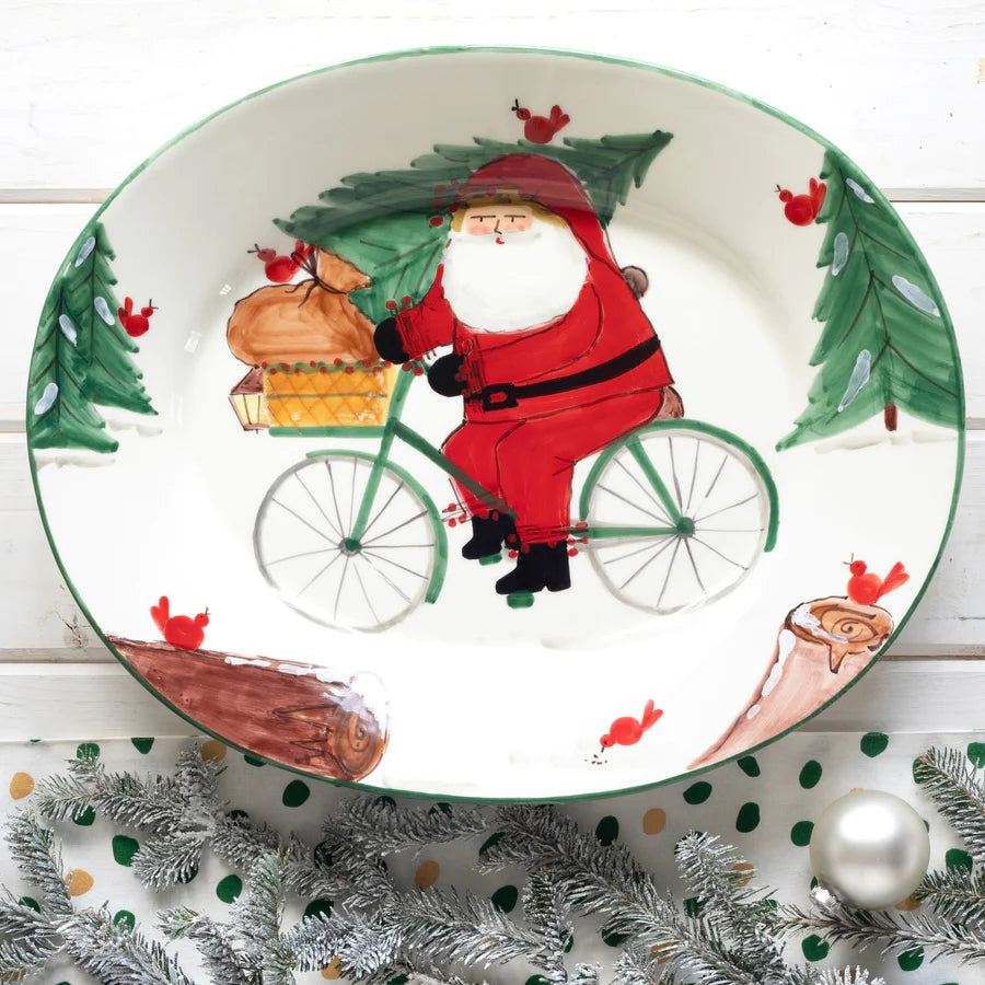 Old St. Nick Large Oval Platter with Bicycle