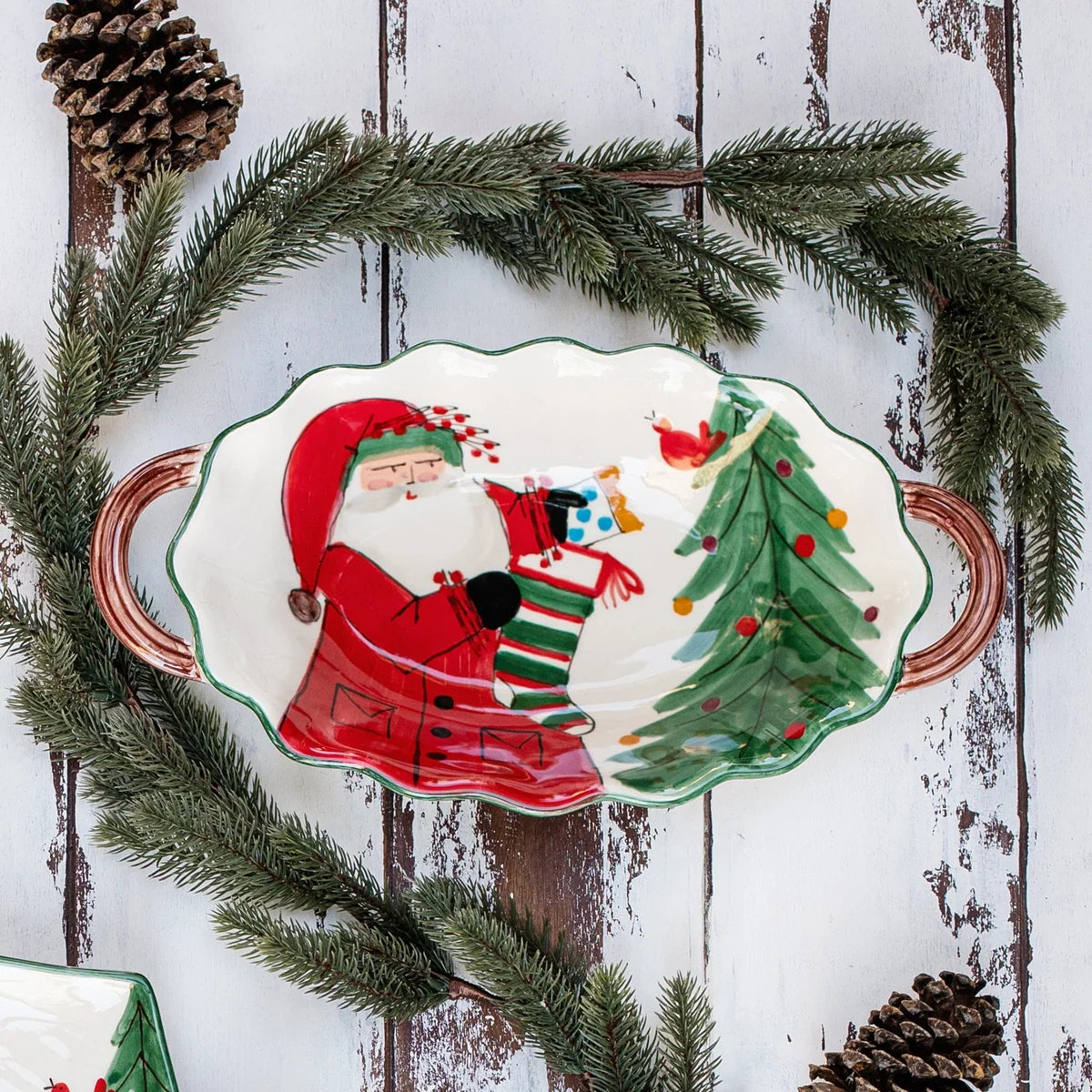 Old St. Nick Handled Scalloped Oval Bowl
