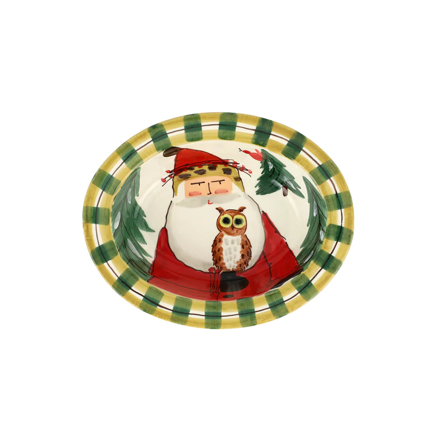 Old St. Nick Small Rimmed Oval Bowl with Owl