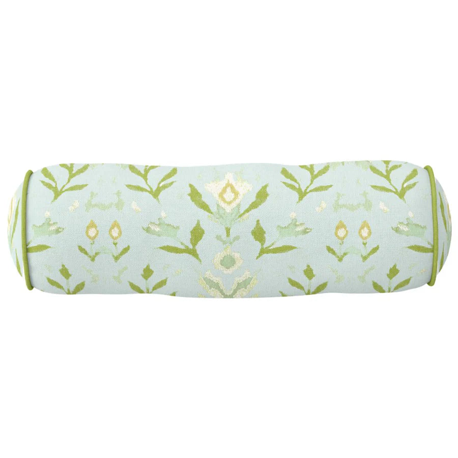 Petal Garden Aqua with Green Piping Round Bolster Pillow