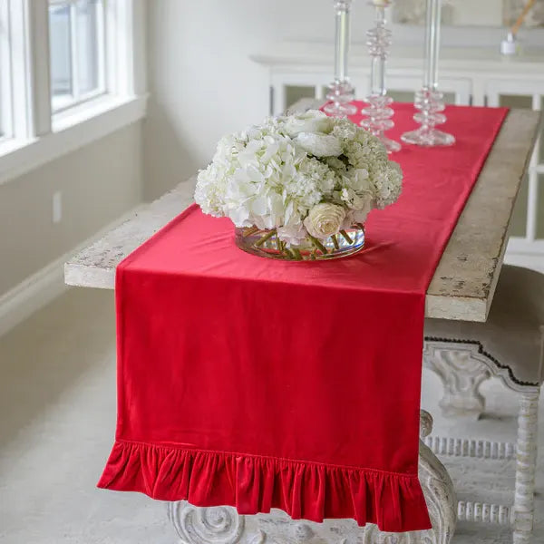 Red Velvet Table Runner with Ruffle