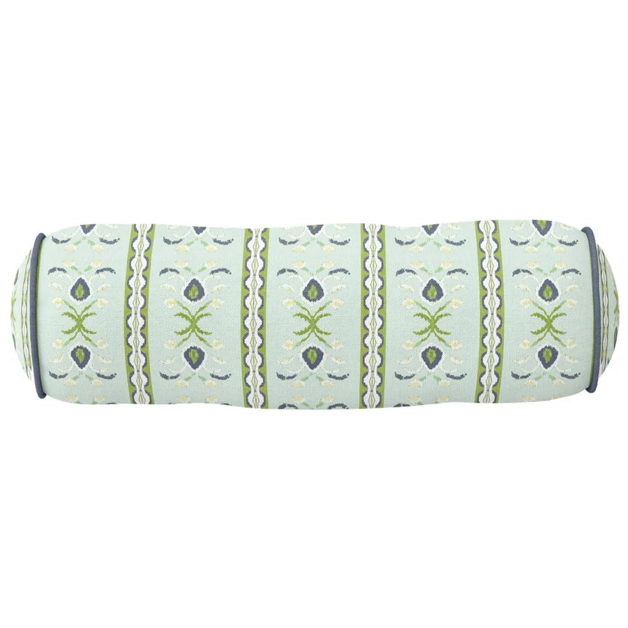 Rosemary Stripe Lagoon with Navy Piping Round Bolster Pillow