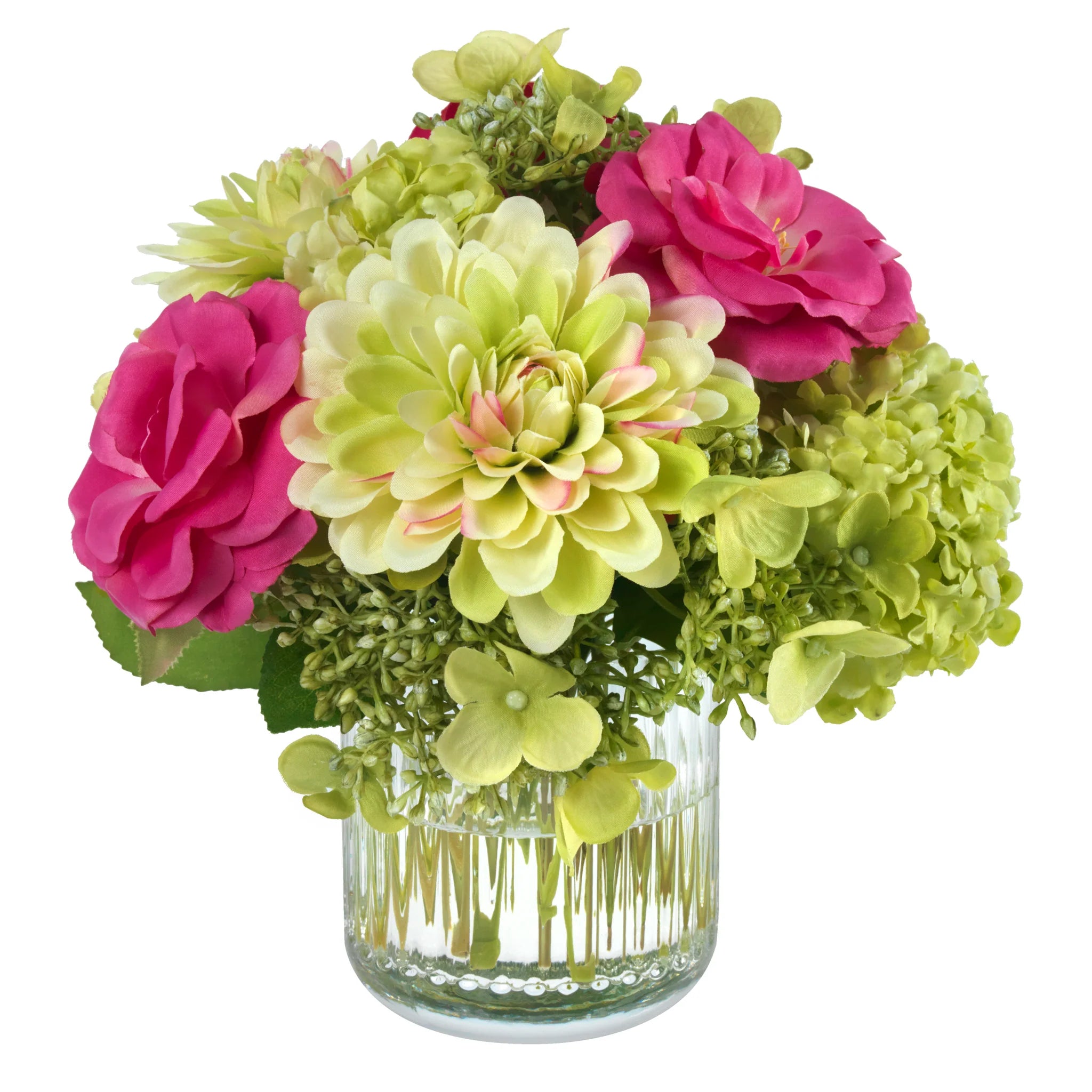 Diane James Dahlias and Pink Roses in Ribbed Vase