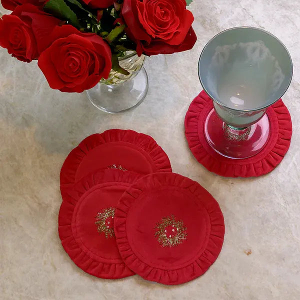 Mini Wreath Round Ruffle Velvet Coaster, Set of 4