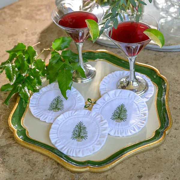 Pine Tree Round Ruffle Velvet Coaster, Set of 4