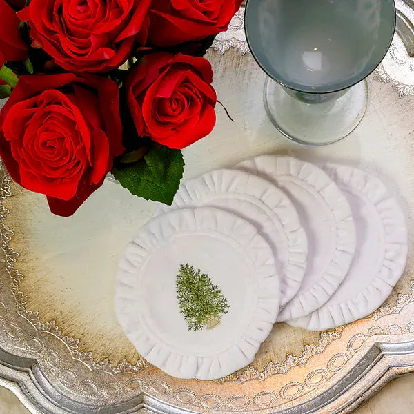 Pine Tree Round Ruffle Velvet Coaster, Set of 4