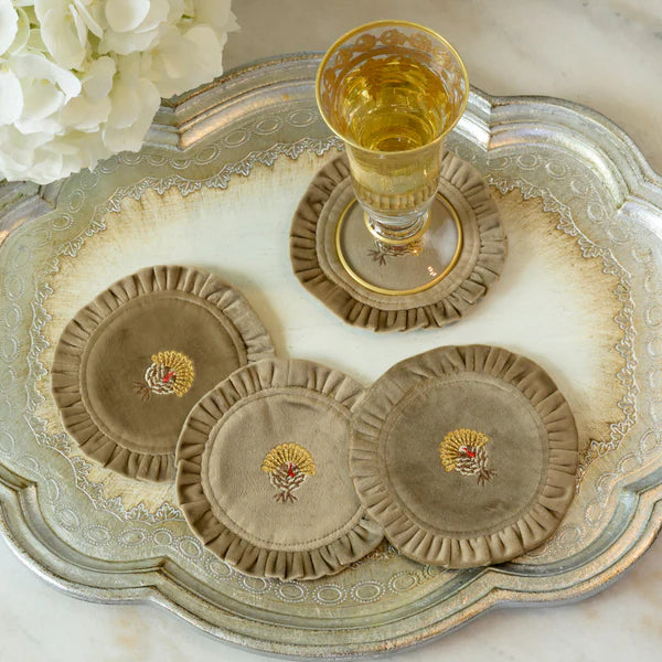 Turkey Round Ruffle Velvet Coaster Set, Set of 4