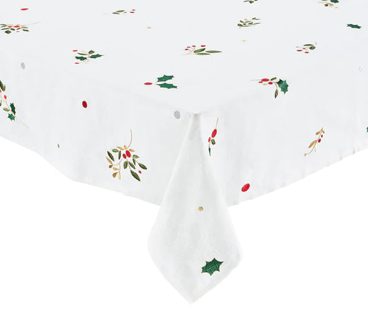 Holly Tablecloth in White, Red and Green