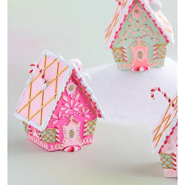 Rainbow Gingerbread Cottage Christmas Ornament, Hot Pink