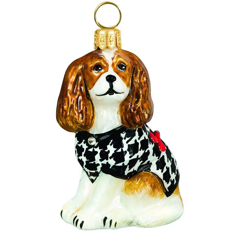 Cavalier King Blenheim with  Hounds Tooth Coat Ornament
