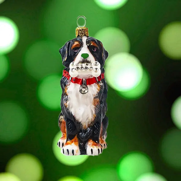 Bernese Mountain Dog with Crystal Dog Bone Ornament