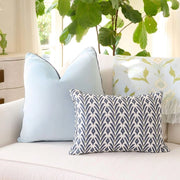 Light Blue Velvet Pillow with Navy Embroidery