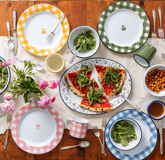 Pink Gingham Enamelware Dinner Plate, Set of 4