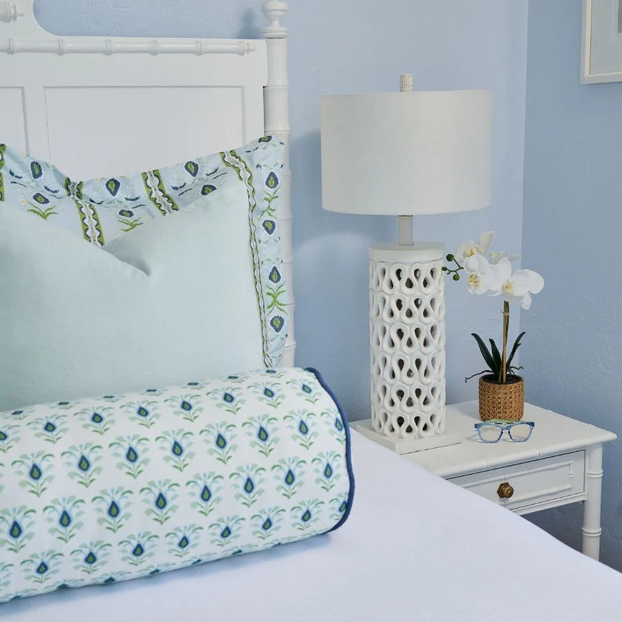 Rosemary White with Navy Piping Round Bolster Pillow