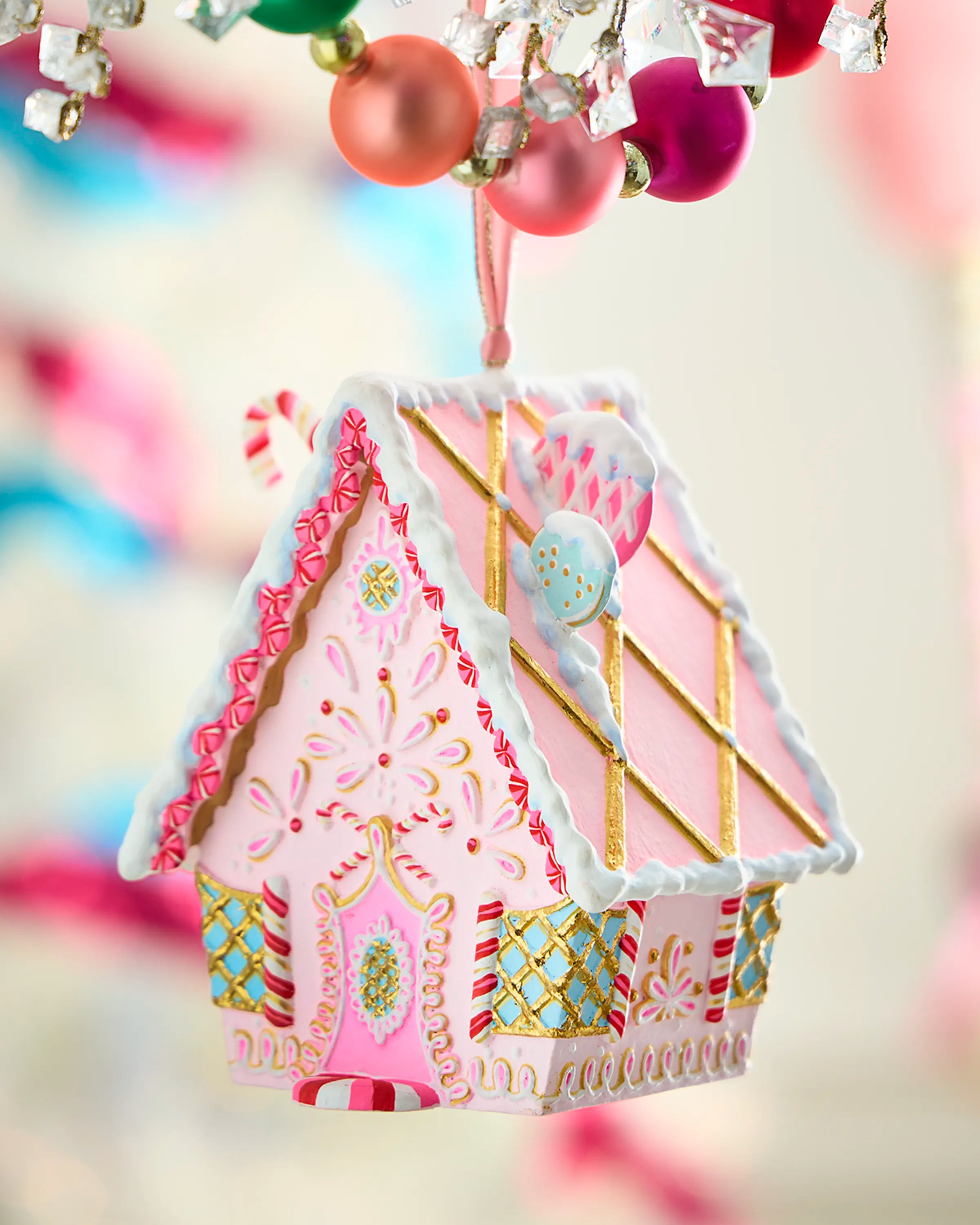 Rainbow Gingerbread Cottage Christmas Ornament, Light Pink