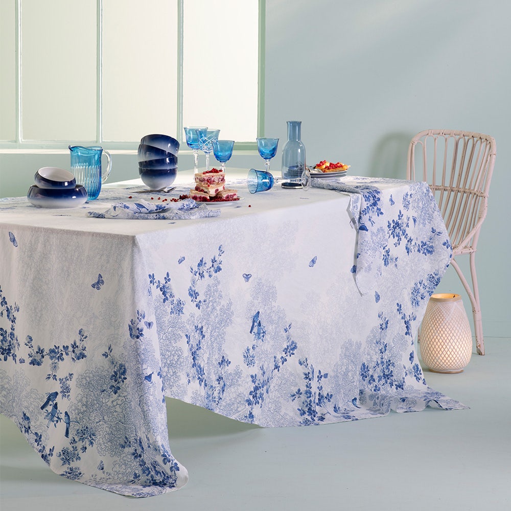 Voliere Bleu Tablecloth, 100% Linen