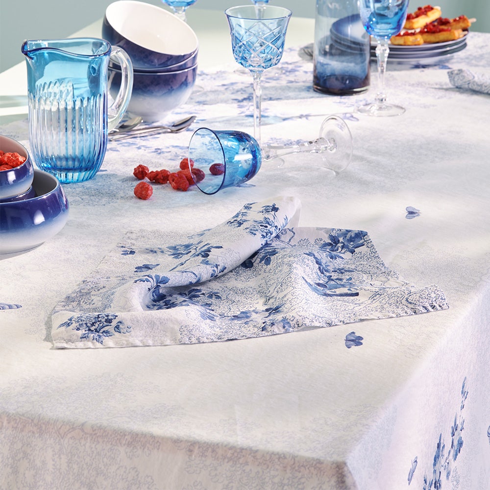 Voliere Bleu Tablecloth, 100% Linen