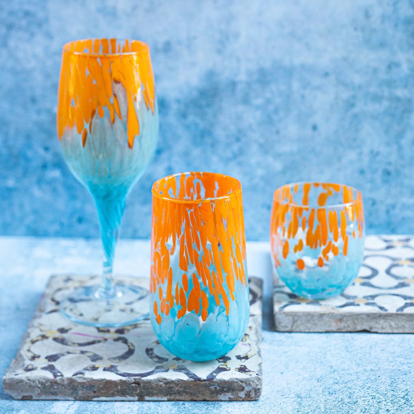 Vietri Orange & Light Blue Double Old Fashioned Glass